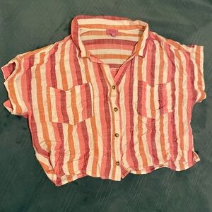 Francesca's Pink, White and Orange Striped Button Down Cropped Shirt